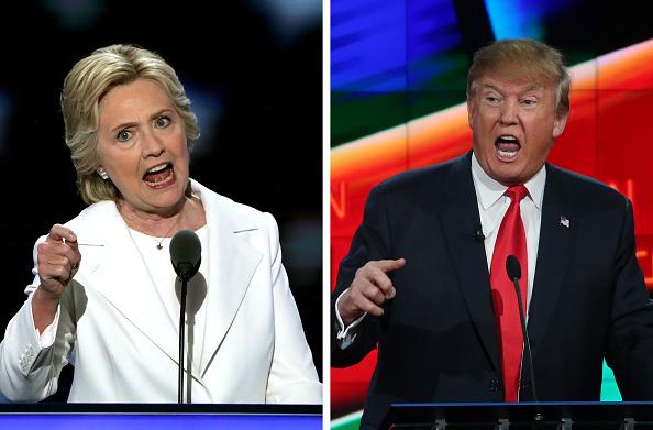 (FILE PHOTO) In this composite image a comparison has been made between former US Presidential Candidates Hillary Clinton (L) and Donald Trump.  ***LEFT IMAGE***   PHILADELPHIA, PA - JULY 28:  Democratic presidential candidate Hillary Clinton delivers remarks during the fourth day of the Democratic National Convention at the Wells Fargo Center, July 28, 2016 in Philadelphia, Pennsylvania. Democratic presidential candidate Hillary Clinton received the number of votes needed to secure the partys nomination. An estimated 50,000 people are expected in Philadelphia, including hundreds of protesters and members of the media. The four-day Democratic National Convention kicked off July 25.  (Photo by Alex Wong/Getty Images)  ***RIGHT IMAGE***  LAS VEGAS, NV - DECEMBER 15:  Republican presidential candidate Donald Trump during the CNN Republican presidential debate on December 15, 2015 in Las Vegas, Nevada. This is the last GOP debate of the year, with U.S. Sen. Ted Cruz (R-TX) gaining in the polls in Iowa and other early voting states and Donald Trump rising in national polls.  (Photo by Justin Sullivan/Getty Images)
