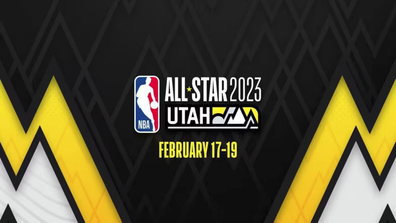 A black graphic with yellow and white bolt patterns adorning the sides. It reads, ALL -STAR 2023 UTAH with a star replacing the hyphen in all star. The date under the title reads, Feburary 17-19