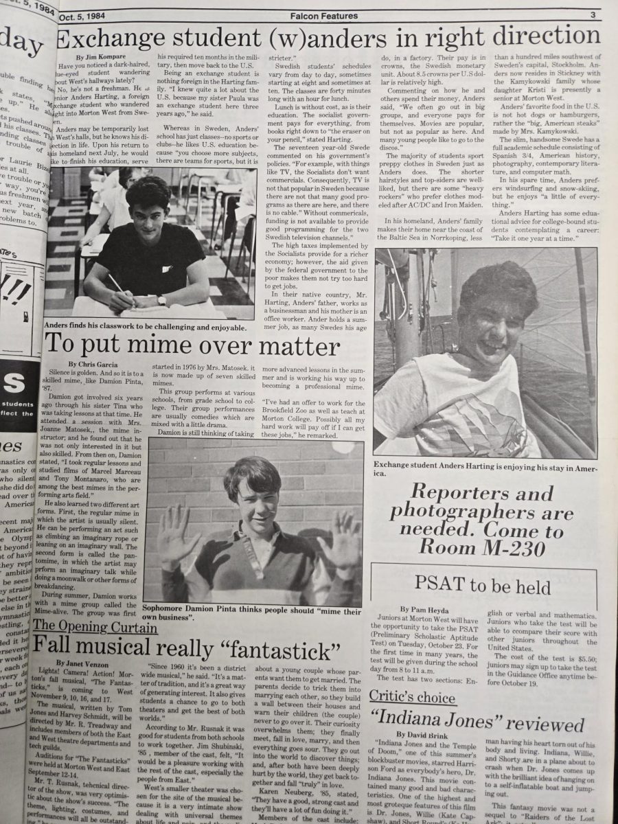 A snapshot of page 3 from the October 5th, 1984 edition of The Falcon, the former student newspaper of Morton West.